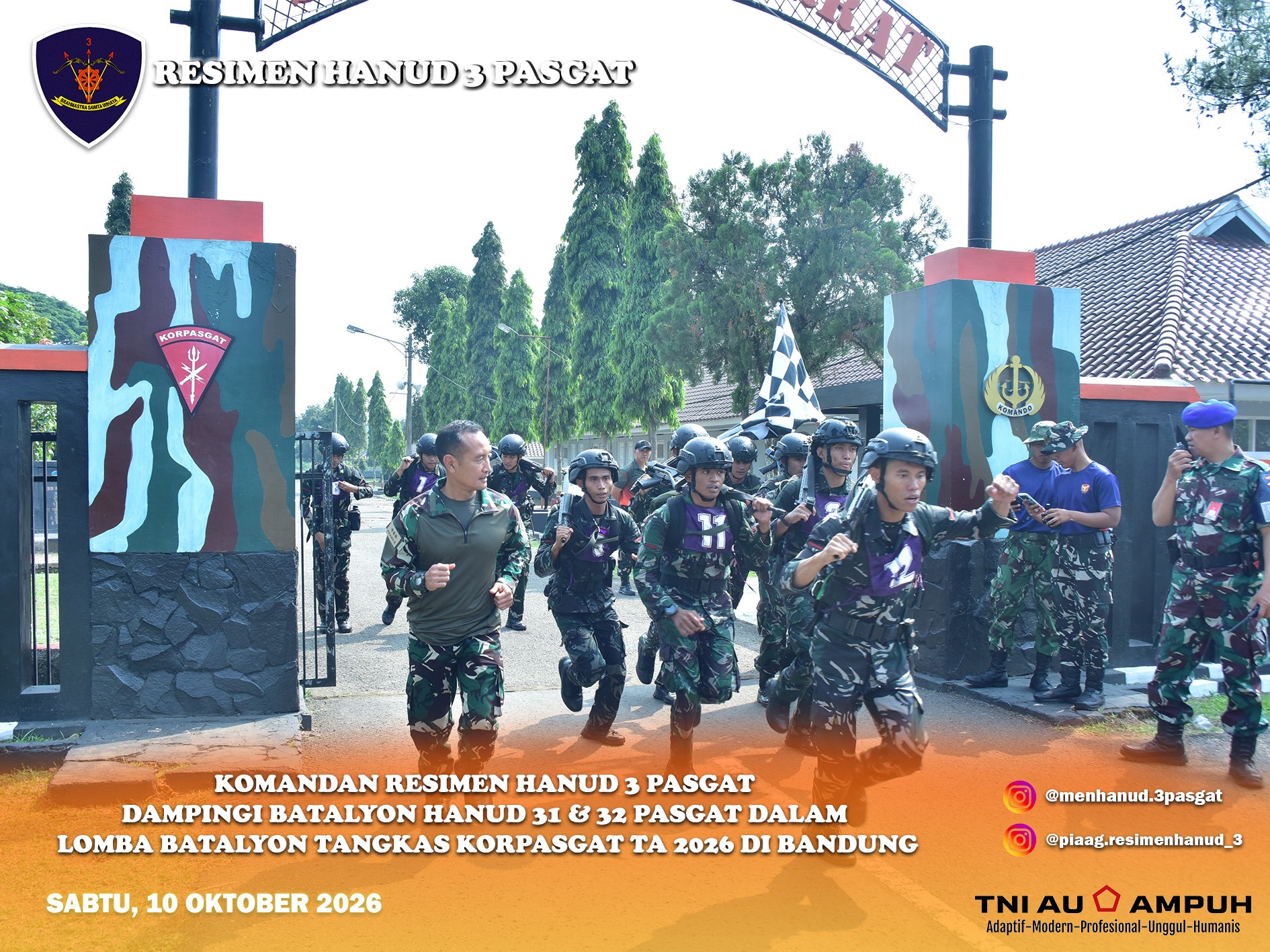 Komandan Resimen Hanud 3 Pasgat Dampingi Batalyon Hanud 31 & 32 Pasgat dalam Lomba Tontangkas damka Hut Korpasgat Ta 2026 di Bandung